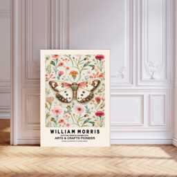 William Morris Butterfly Art Print, Flowers, Flower Botanical Wall Decor, Pink Print - thumbnail 1