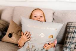 Double Print Cushion - Childrens Drawing First Kids Handwriting- We Love Nanny Grandad From Grandchildren