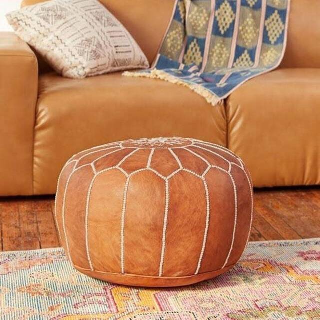 Brown Tan Moroccan Pouf, Leather Pouf Ottoman Pouffe Home Decor Boho Moroccan, Pouf Ottoman Footstool Handmade, Leather - image 1