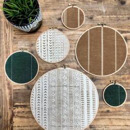 Designer Textile Gallery Wall Art Set - Wood Circle Frame Various Sizes, Modern Boho, Authentic Vintage Of 6 - thumbnail 4