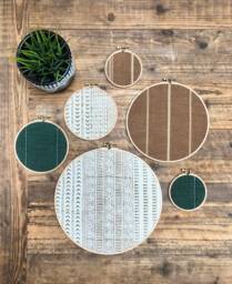 Designer Textile Gallery Wall Art Set - Wood Circle Frame Various Sizes, Modern Boho, Authentic Vintage Of 6