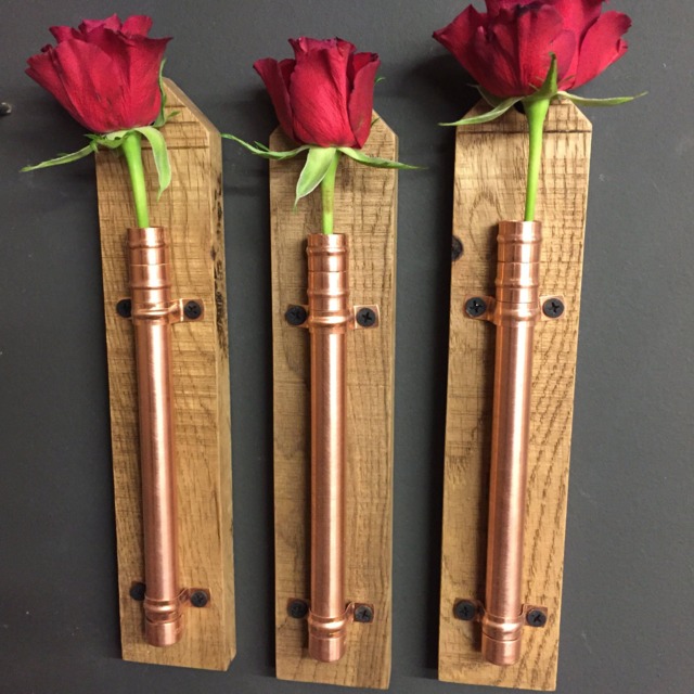 Set Of 3 Handmade Copper & Oak Flower Holder. Pot Vase Hanger - image 1