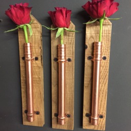Set Of 3 Handmade Copper & Oak Flower Holder. Pot Vase Hanger - thumbnail 1