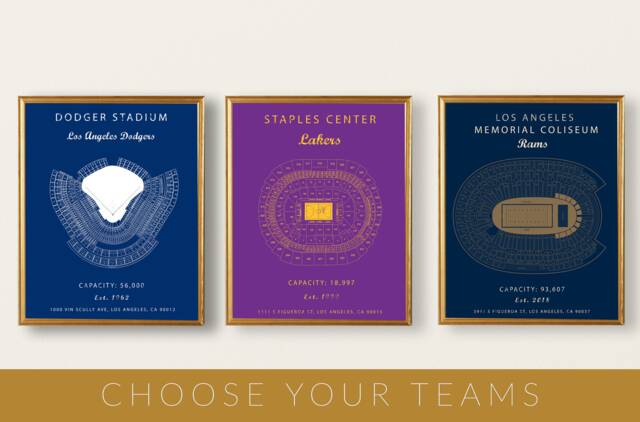 Dodgers, Lakers, Rams. Set Of 3 Prints Or Canvases, Dodgers Stadium, Staples Center, Los Angeles Memorial Coliseum, Choose Your Team - image 1