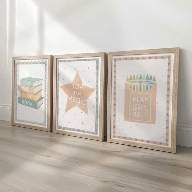 Nursery Wall Art Set Of 3, Personalised Star Print With Books & Crayons, Gender Neutral Learning Decor, Framed Or Unframed For Kids Playroom - image 1