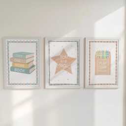 Nursery Wall Art Set Of 3, Personalised Star Print With Books & Crayons, Gender Neutral Learning Decor, Framed Or Unframed For Kids Playroom - thumbnail 2