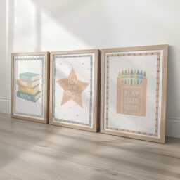 Nursery Wall Art Set Of 3, Personalised Star Print With Books & Crayons, Gender Neutral Learning Decor, Framed Or Unframed For Kids Playroom - thumbnail 1