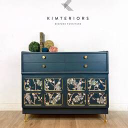 Restored Nathan Mid-Century Sideboard Drinks Cabinet Peacock Floral Design - thumbnail 2