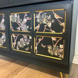Restored Nathan Mid-Century Sideboard Drinks Cabinet Peacock Floral Design - thumbnail 4
