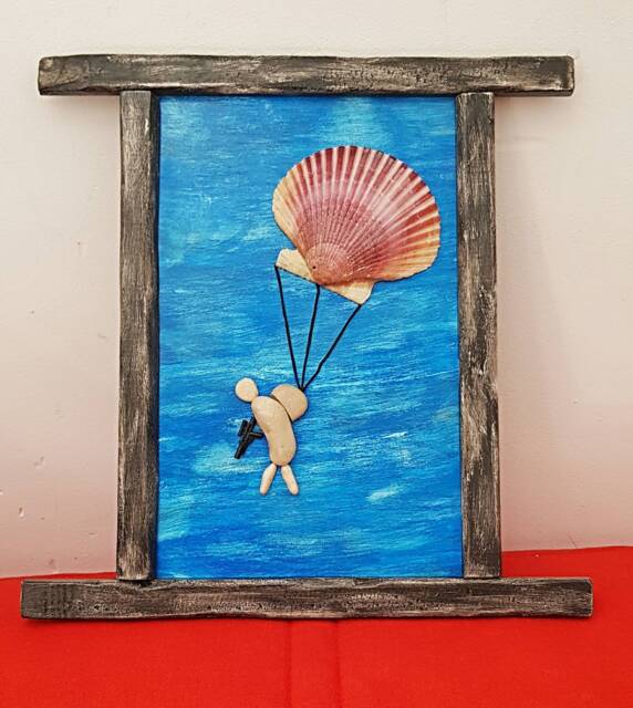 Picture Of Stones, Paratrooper, Stone Art, Parachutist Made Shell, Drawing With Gigt, Wall Decoration, Soldier - image 1