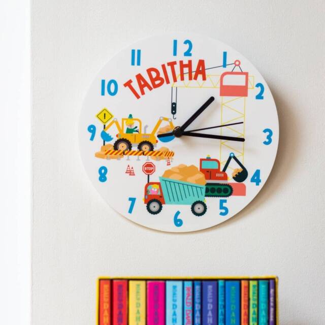 Construction Site Children's Personalised Bedroom Wall Clock - Digger Cement Mixer Crane Truck Jcb Art - image 1