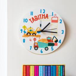 Construction Site Children's Personalised Bedroom Wall Clock - Digger Cement Mixer Crane Truck Jcb Art