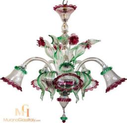 Hand Blown Venetian Glass Chandelier - Floral Crystal, 5-Arm - thumbnail 1