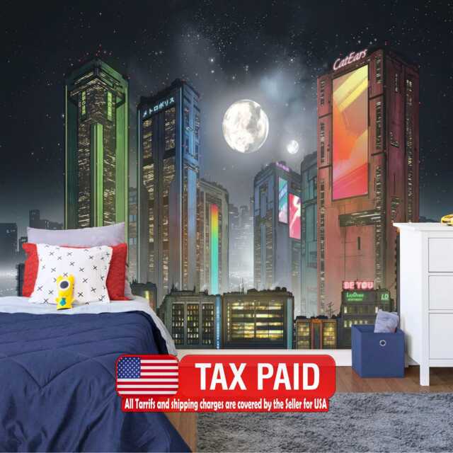 Cyberpunk Cityscape Wallpaper Mural, Futuristic Moon, Peel & Stick Wall Decal - image 1