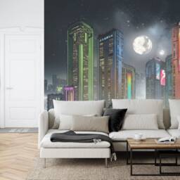 Cyberpunk Cityscape Wallpaper Mural, Futuristic Moon, Peel & Stick Wall Decal - thumbnail 2