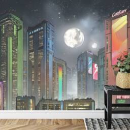 Cyberpunk Cityscape Wallpaper Mural, Futuristic Moon, Peel & Stick Wall Decal - thumbnail 3
