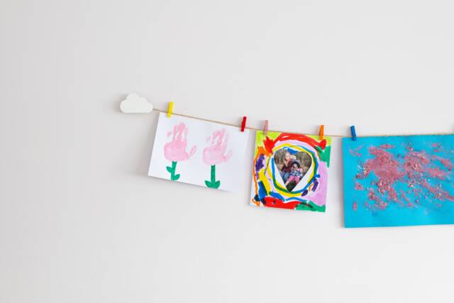 Kids Art Display With Colourful Clothespegs, Childrens Wall Work Hanger, Playroom Decor, White Clouds Design - image 1