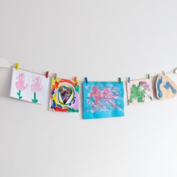 Kids Art Display With Colourful Clothespegs, Childrens Wall Work Hanger, Playroom Decor, White Clouds Design - thumbnail 2