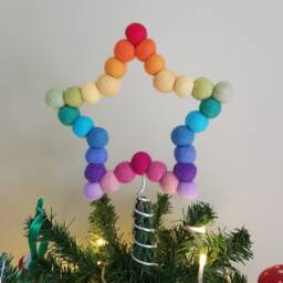 Rainbow Felt Ball Star Tree Topper, Colourful Wool Beads Shaped Into A Christmas Decoration. White & Custom Colours Available