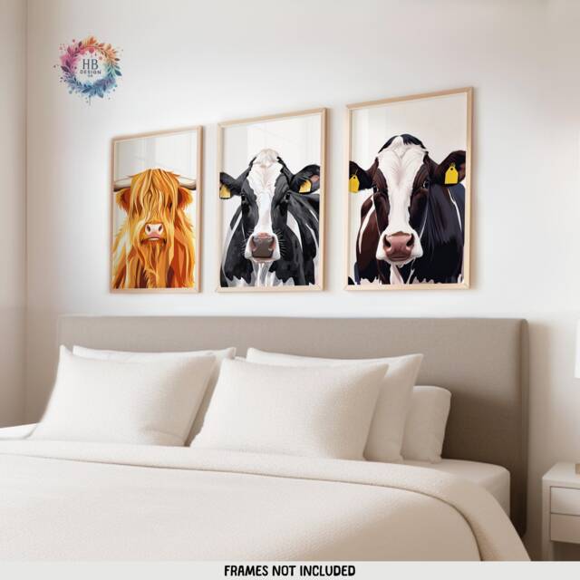 Cow Art Prints - Set Of 3 Posters - Farm Decor Highland Dairy Farmhouse Wall Realistic Country Painting - image 1