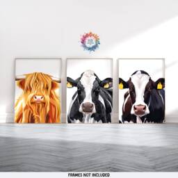 Cow Art Prints - Set Of 3 Posters - Farm Decor Highland Dairy Farmhouse Wall Realistic Country Painting - thumbnail 2