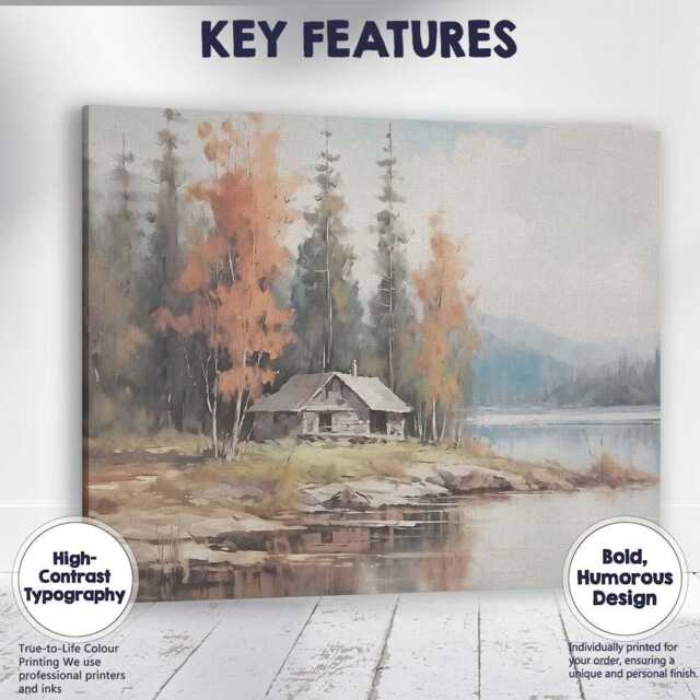 Tranquil Forest Cabin Lake Reflection Watercolour Landscape Canvas Wall Art Print Decor Picture Ready To Hang - image 1
