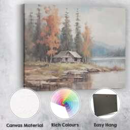 Tranquil Forest Cabin Lake Reflection Watercolour Landscape Canvas Wall Art Print Decor Picture Ready To Hang - thumbnail 2