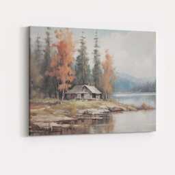 Tranquil Forest Cabin Lake Reflection Watercolour Landscape Canvas Wall Art Print Decor Picture Ready To Hang - thumbnail 4