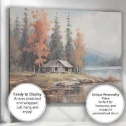 Tranquil Forest Cabin Lake Reflection Watercolour Landscape Canvas Wall Art Print Decor Picture Ready To Hang - thumbnail 3