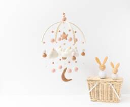 Blush & Beige Nursery Mobile - Pink Girl Baby Moon Clouds Star Cot Boho Crib Decor - thumbnail 1