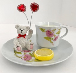 Peach Mango Scented Natural Soy Candle in A Porcelain Floral Teacup & Snack Tray With White Bear