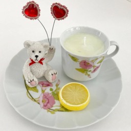 Peach Mango Scented Natural Soy Candle in A Porcelain Floral Teacup & Snack Tray With White Bear - thumbnail 3