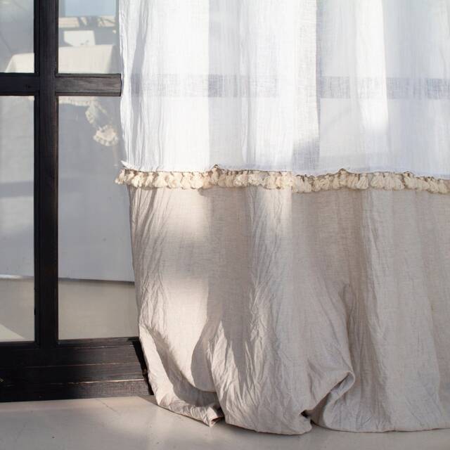 Linen Curtains With Ties & Tassels, Color Block Curtain, Tie Top Drapes, Sheer Linen Window Treatments - image 1