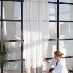 Linen Curtains With Ties & Tassels, Color Block Curtain, Tie Top Drapes, Sheer Linen Window Treatments - thumbnail 2