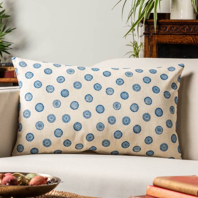 Flower Block Print Linen Blend Xl Rectangular Cushion in Cornflower Blue. Woodblock Floral Design Blue & White. 23X15 - image 1