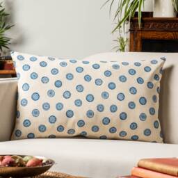 Flower Block Print Linen Blend Xl Rectangular Cushion in Cornflower Blue. Woodblock Floral Design Blue & White. 23X15 - thumbnail 1