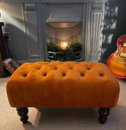 Chesterfield Plush Velvet Footstool - Black Wooden Legs, Ottoman