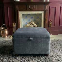 Plush Velvet Ottoman Storage Box With Mahogany Wooden Legs Coffee Table, Footstool, Footrest - thumbnail 2