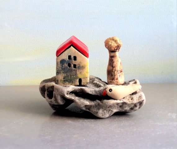 Ceramic Village Sculpture, Tiny House Decor, Mediterranean Stone - image 1