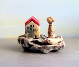 Ceramic Village Sculpture, Tiny House Decor, Mediterranean Stone