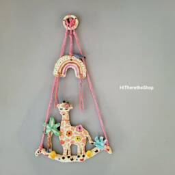 The Pink Flower Giraffe - Ceramic Handmade Wall Hanging Art, Wall D??cor. Home Decor, Nursery. Animal. Pottery Gift. Giraffe, Trees - thumbnail 2