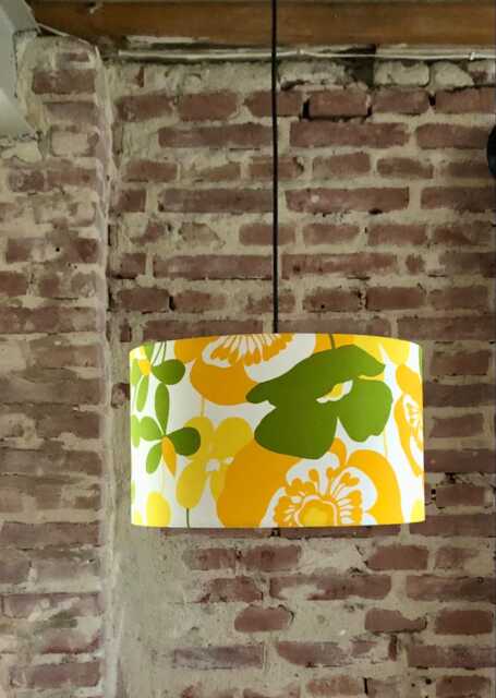 Pendant Lamp in Yellow & Green Retro Fabric. With Stylish Flowers. A Real Eye-Catcher Shade Height 20cm, Diameter 35cm - image 1