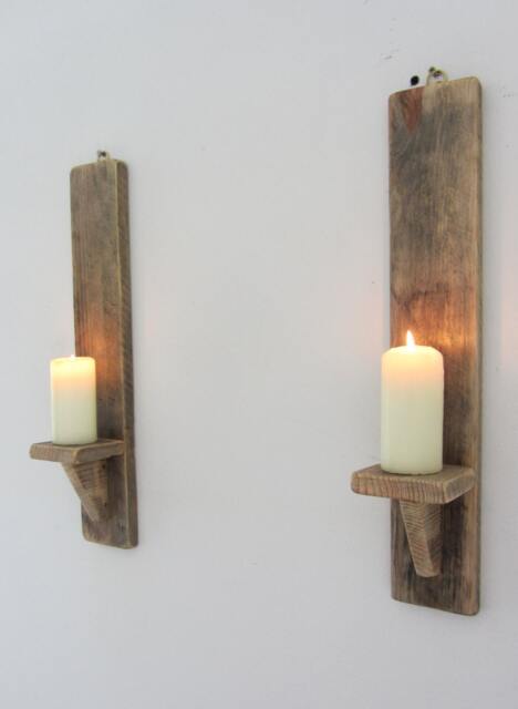 Pair Of Rustic Reclaimed Pallet Wood Wall Sconce Led Candle Holders - image 1