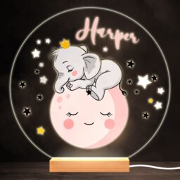 Sleeping Elephant Colourful Round Personalised Gift Led Lamp Night Light - Bedroom