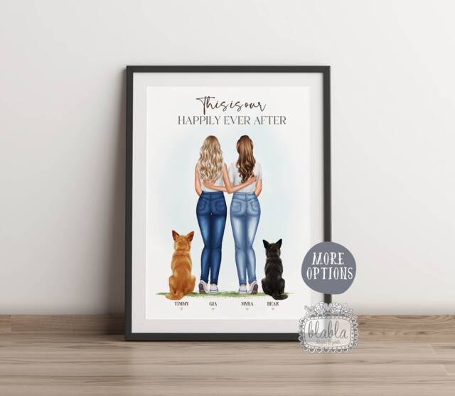 Personalised Gay Couple With Pets Gift, & Pet, Family Illustration, Anniversary Gift For - image 1