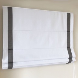 Custom White Roman Shade With Pewter Border, Faux Linen