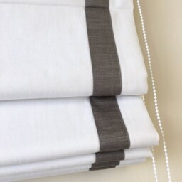 Custom White Roman Shade With Pewter Border, Faux Linen - thumbnail 2