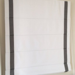 Custom White Roman Shade With Pewter Border, Faux Linen - thumbnail 3