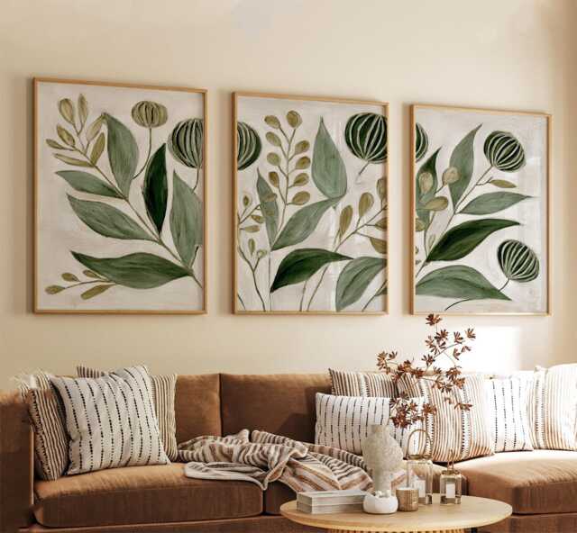 Hand Painted Green Botanical Poster Set - Abstract Leaves Sage Olive Neutral Tones - image 1