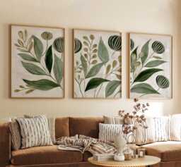 Hand Painted Green Botanical Poster Set - Abstract Leaves Sage Olive Neutral Tones - thumbnail 1